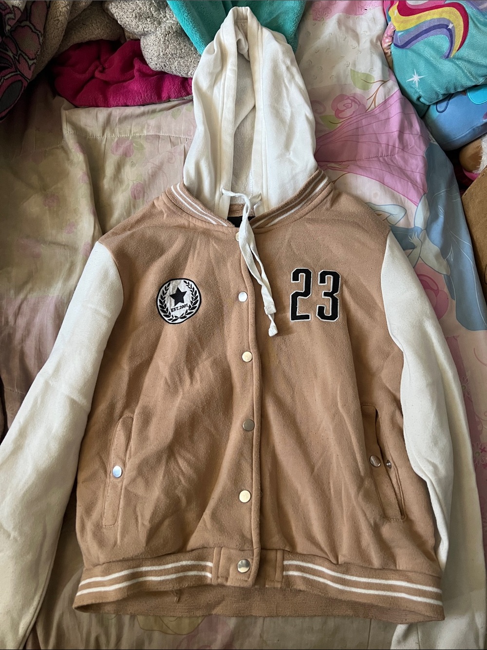 New Look Tan and White Hooded Varsity Jacket with '23' Patch